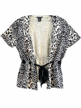 Audrey & Grace Leopard Print Short Sleeve Ribbon Tie Waist Cardigan Sweater XL